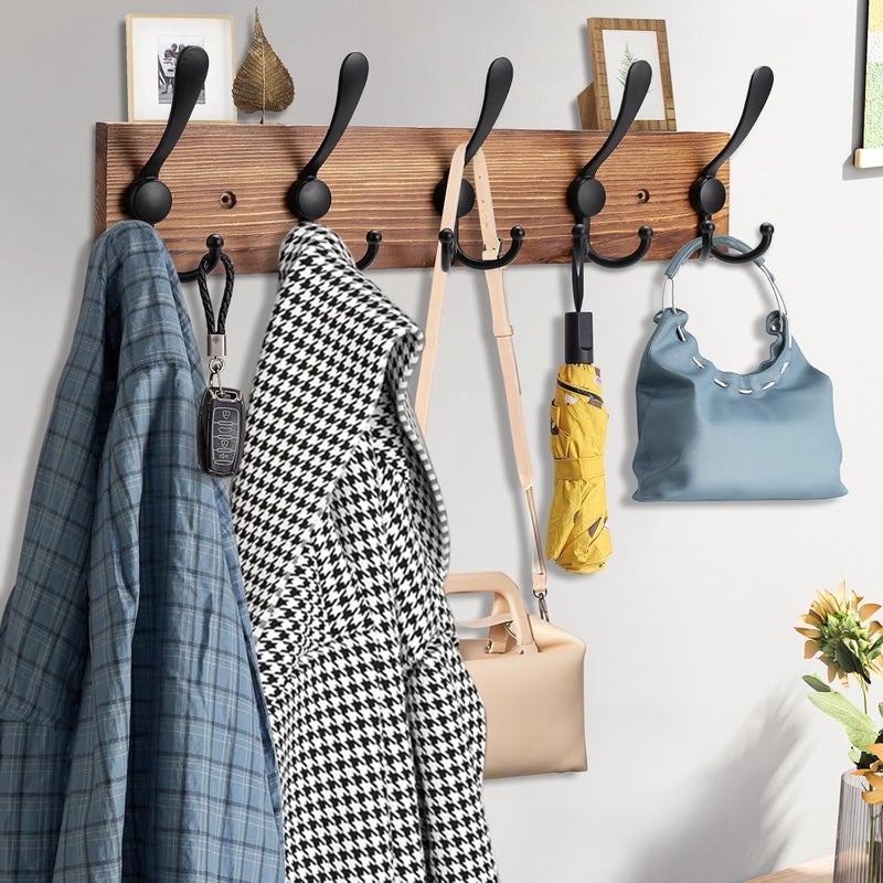 Kuhome Coat Rack Wall Mount Wooden Hat Rack for Wall Hooks Pine Real Wood Plank 16.9" Brown Coat Hanger with 5 Triple Hooks for Hanging Coat Hat Jacket - Image 3